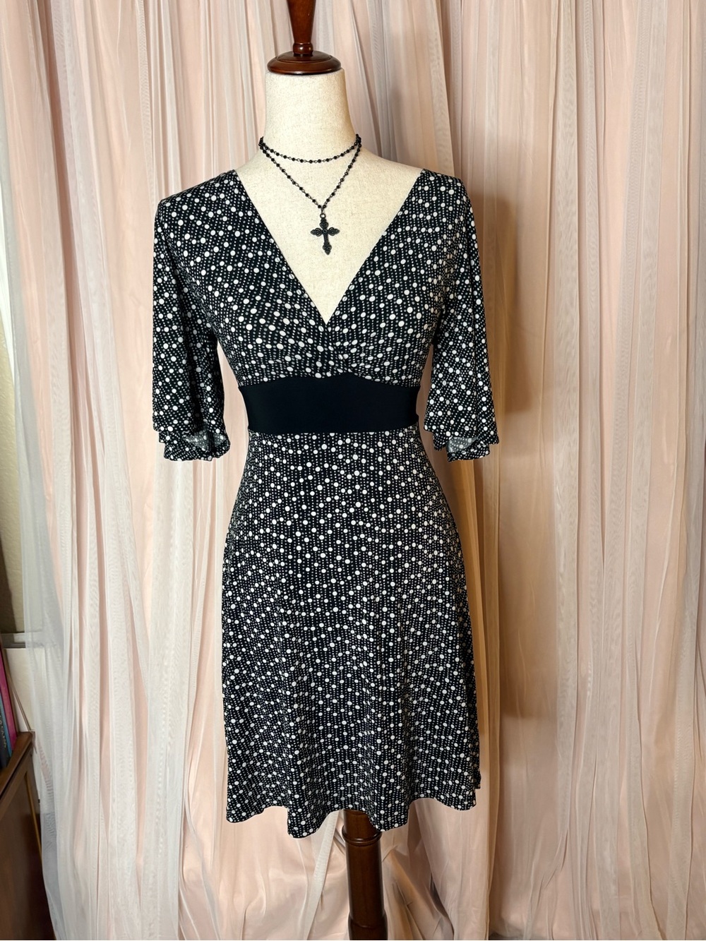 Hot Tempered Black White Polka Dot Empire Waist Midi Dress Bell Sleeve M USA